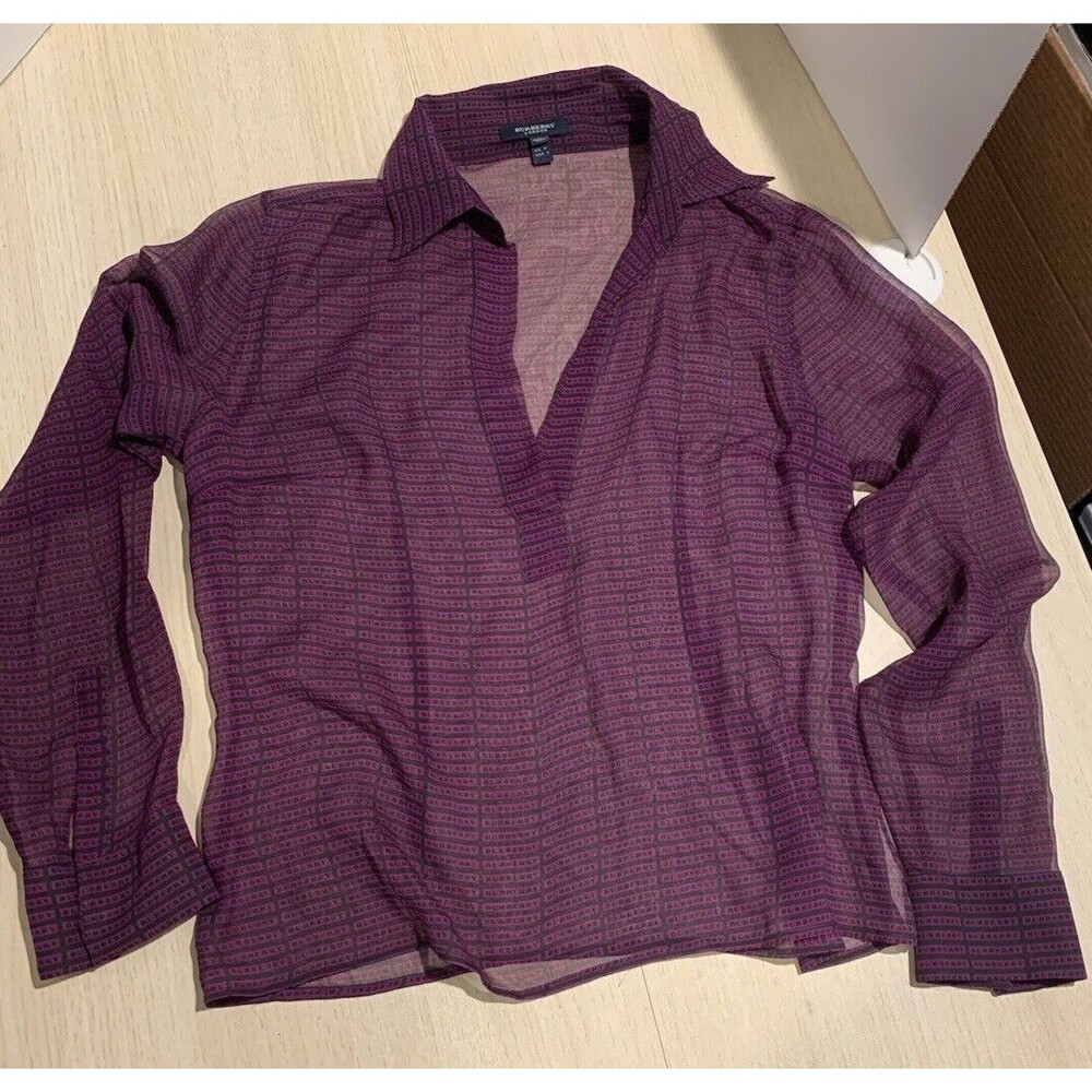 Burberry London Women's Sheer Purple & Black Logo VNeck Blouse Sz 8